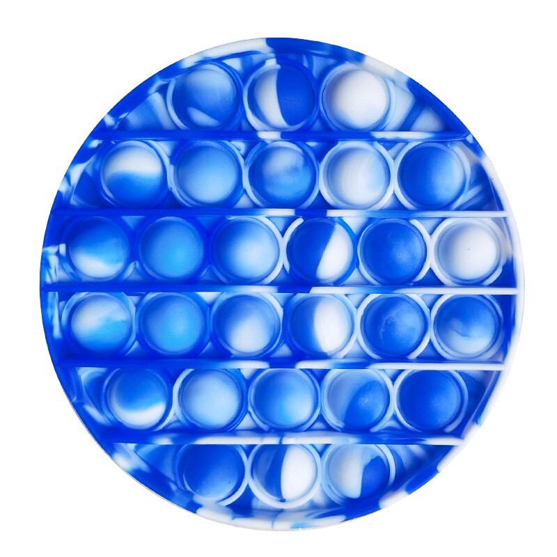 Jouet sensoriel antistress de forme ronde et de couleurs bleu et blanches.