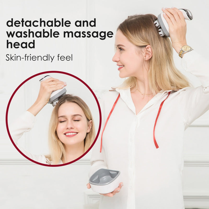 Femme en train d'utiliser le masseur de tête intelligent 4D sur le dessus de sa tête et sur le derrière de sa tête.