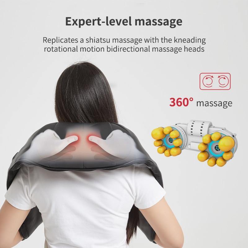 Cette image nous explique que le masseur shiatsu chauffant procure les mêmes sensations qu'un massage manuel et qu'il peut masser à 360 degrés.