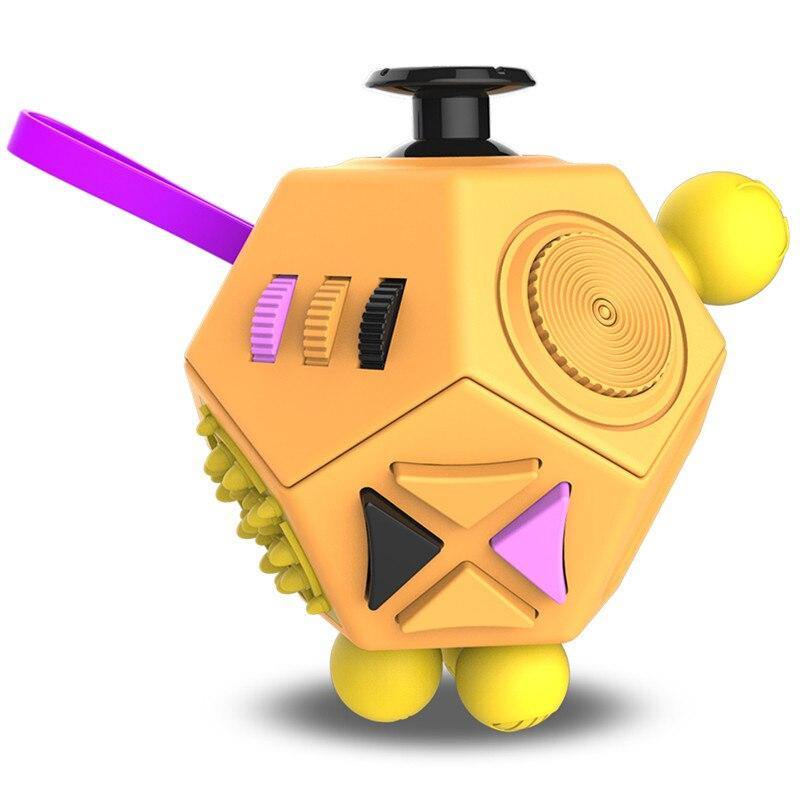 Cube Anti-Stress orange avec des boutons noirs, violet et jaune 