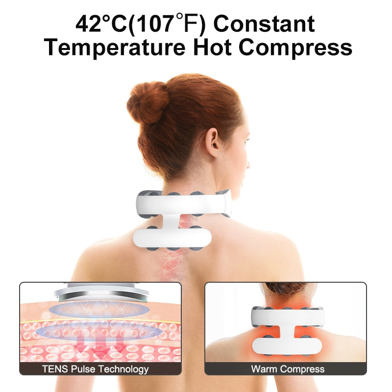Image qui explique que le masseur cervical intelligent utilise la technologie TENS et la chaleur. La chaleur peut monter jusqu'à 42 degrés afin de détendre correctement les muscles du cou.