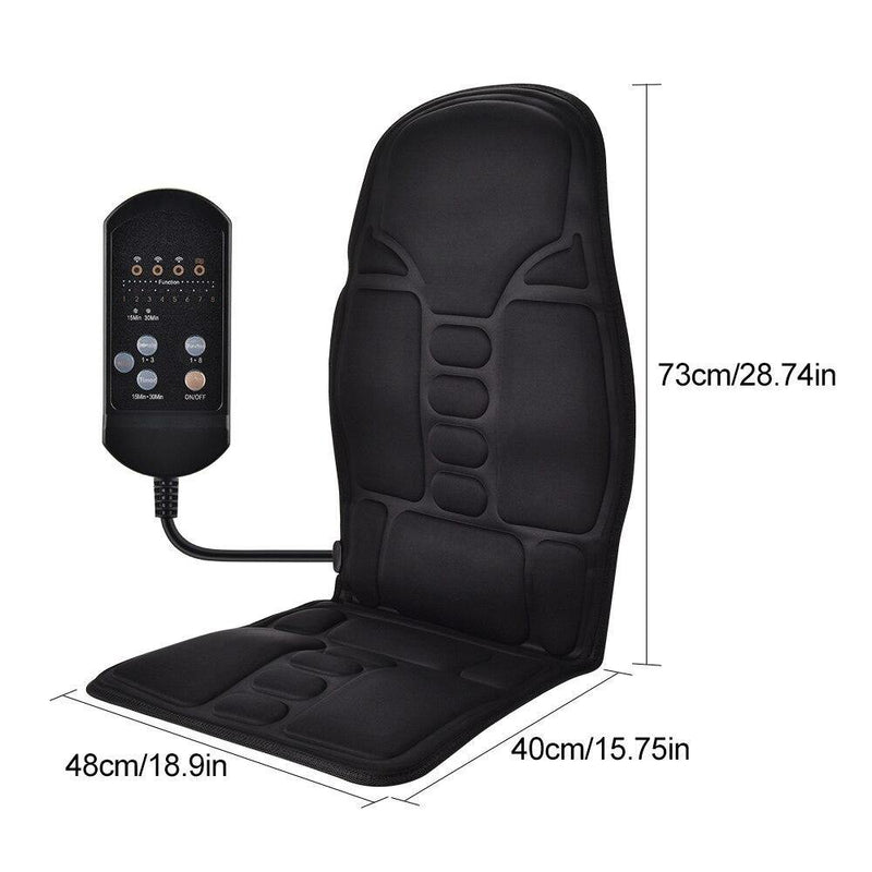 Tapis de massage pour siège avec sa télécommande et les dimensions du tapis de massage pour siège.