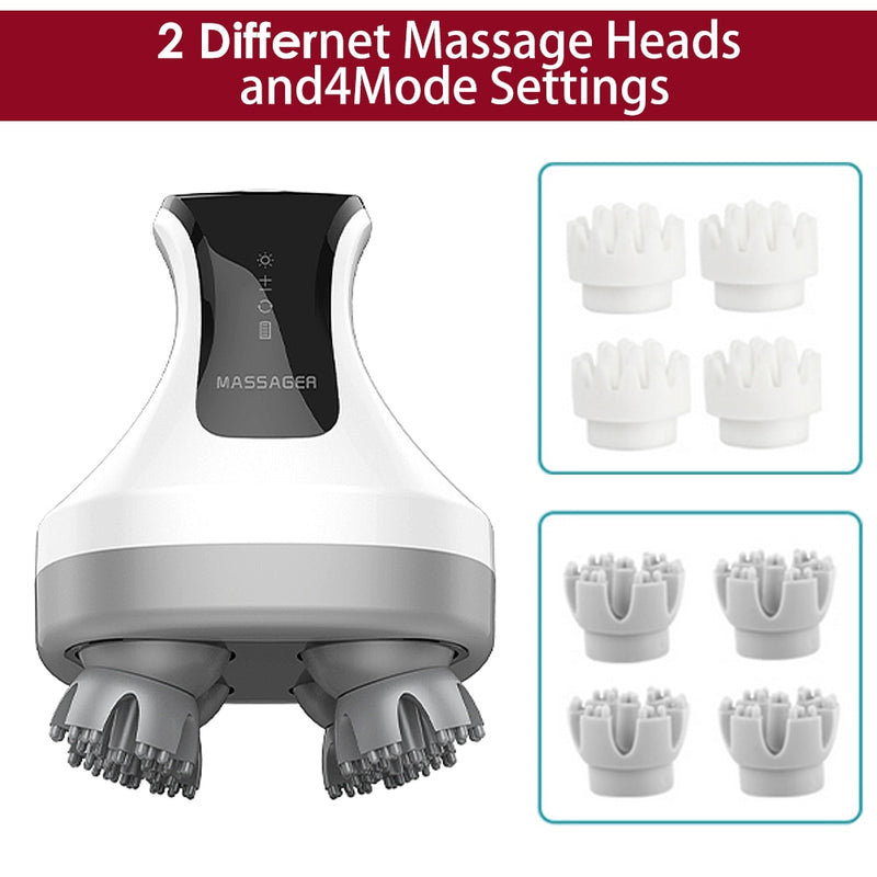 Image de face du masseur de tête intelligent 4D ainsi que ces 4 têtes de massages rotatives.