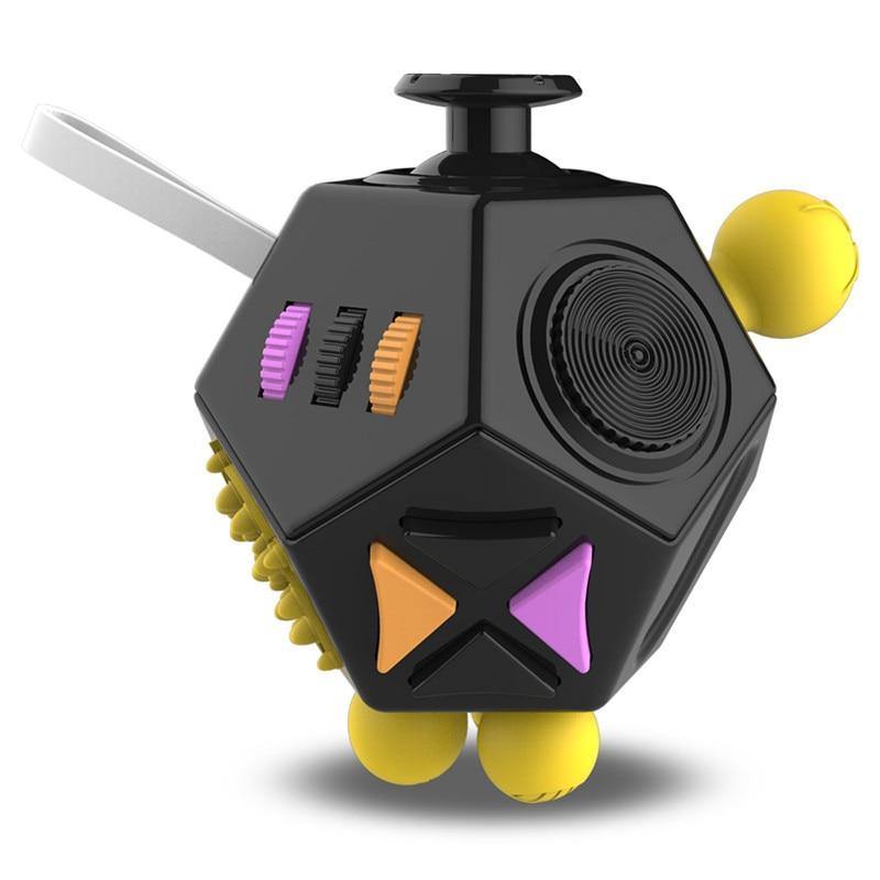 Cube Anti-Stress noir avec des boutons orange, jaune et violet