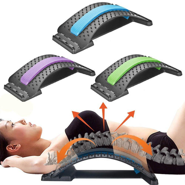 Image montrant comment le masseur de dos agit sur la colonne vertébrale, avec en arrière-plan 3 masseurs de dos de différentes couleurs.