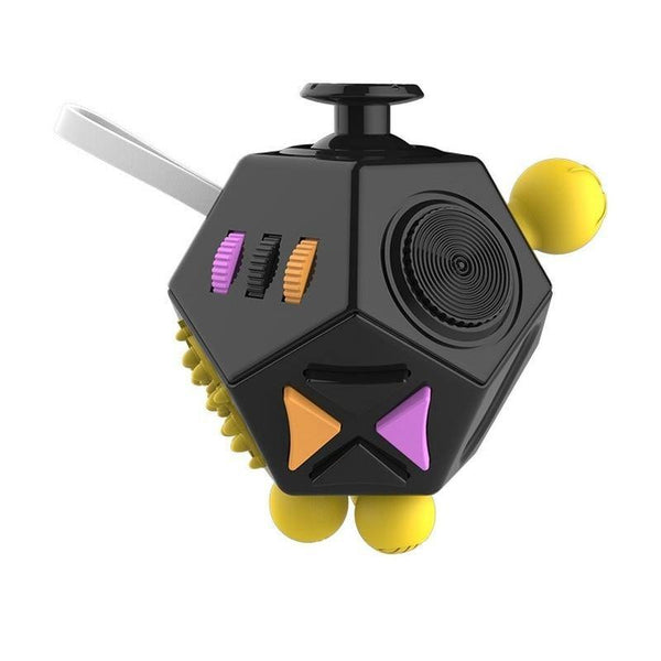 Jouet Anti-Stress noire vue de face avec des boutons jaunes ,violet et orange .