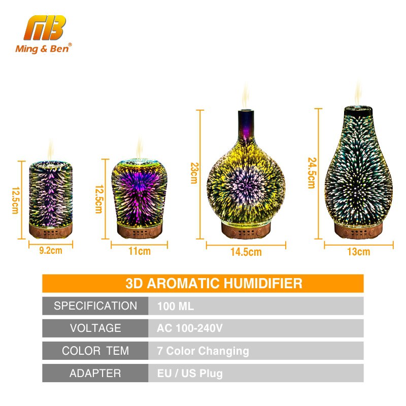 Image des 4 diffuseurs d'huile essentielle allumés et avec leurs dimensions a coté de chaque diffuseur. En dessous des images, il y a les caractéristiques du diffuseur d'huile essentielle. Il y a possibilité de mettre 100 ML d'huile essentielle dans le diffuseur, le voltage est compris entre 100 et 240 volts, il y a 7 couleurs de lumière intégrées pour chaque diffuseur et il y a le choix entre une prise d'alimentation pour l'Europe ou les états unis.