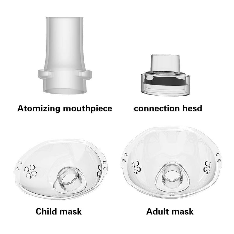 Image des différents éléments qui vont avec le brumisateur . Avec un embout atomiseur, 1 tête de connexion, 1 masque d'enfant et 1 masque d'adulte.