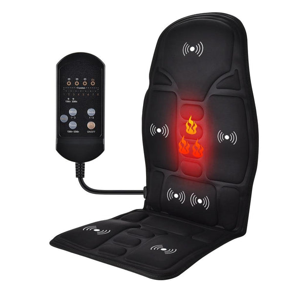 Tapis de Massage électrique de  couleur noir pour chaise, fauteuil, voiture, vue de face avec de la chaleur diffusée dans le dos.