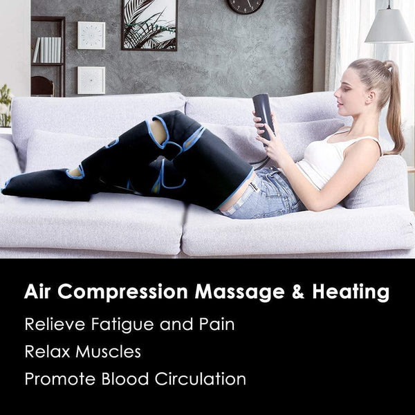 Image d'une femme allongée sur son canapé en train d'utiliser l'appareil de massage à compression d'air. pour jambes et mollets.
